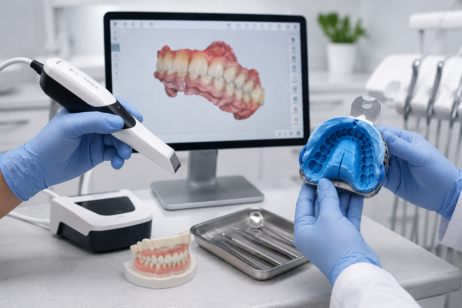 Dentist explaining dental treatment options to a patient during consultation